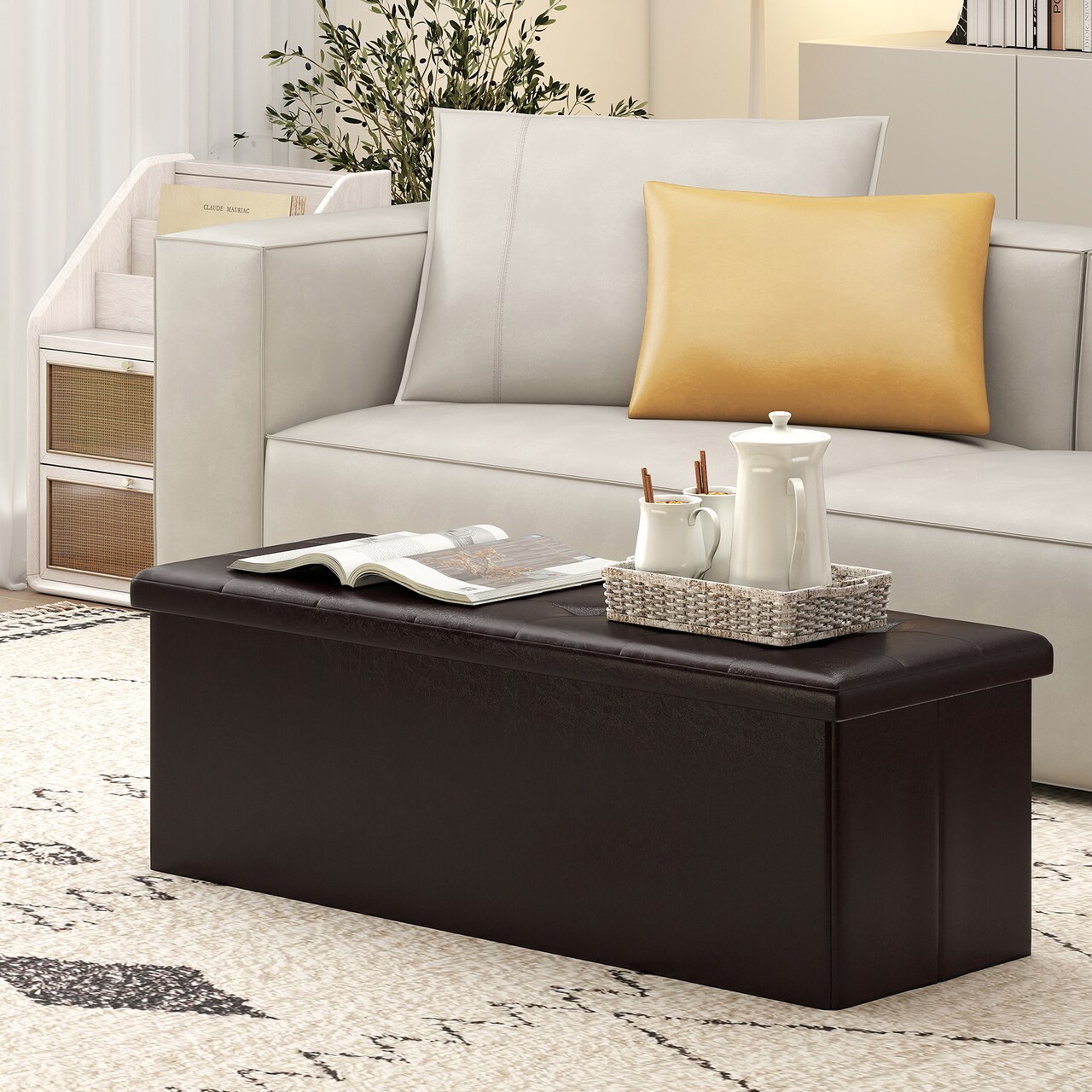 43-Inch PU Leather Foldable Storage Ottoman Bench with 38 Gallon Capacity and Removable Divider